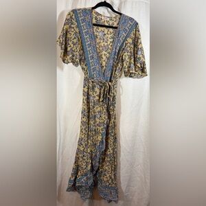 Aura Butter Yellow Floral Patterned Flouncing Sleeves and Hem Belted Wrap dress